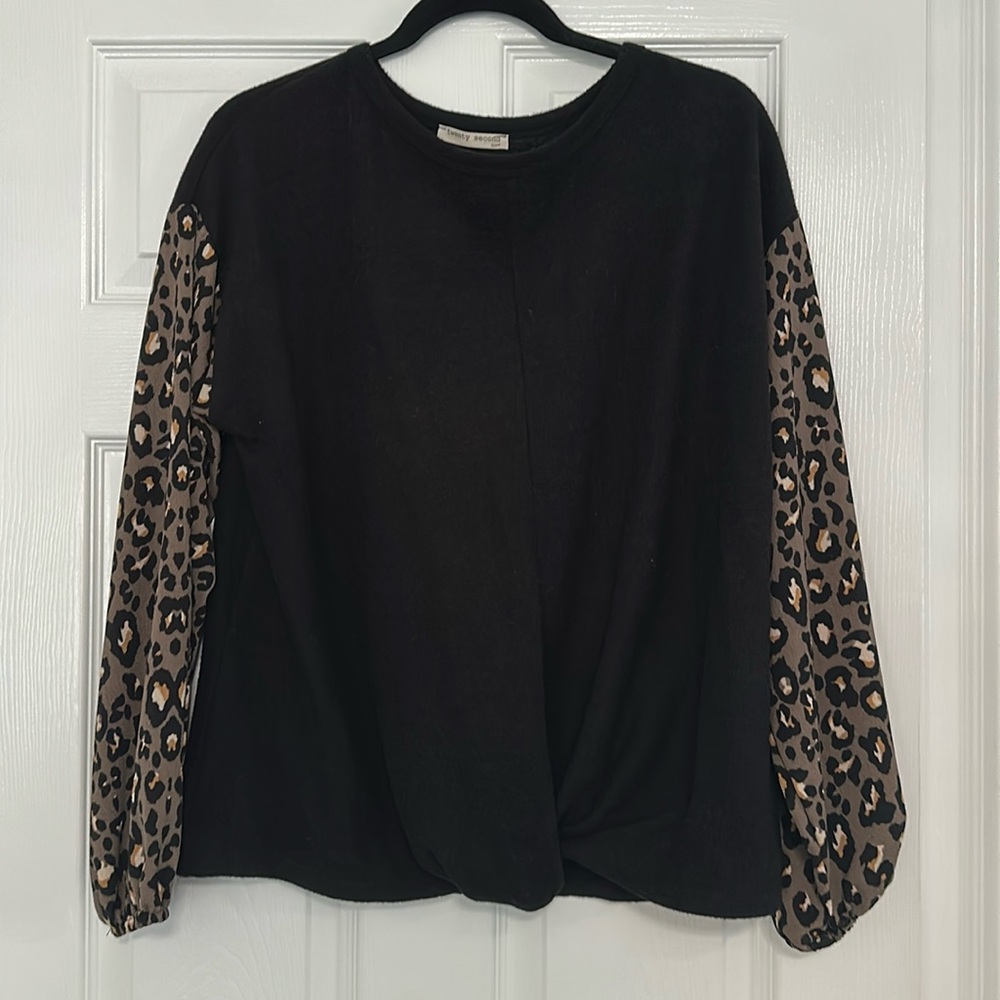 Twenty Second Long Sleeve Black Twist Sweater With Leopard Arms - Medium